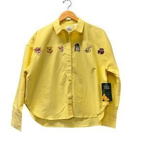 Disney Winnie the Pooh Shirt Womens Small Yellow Embroidered Button Up NEW